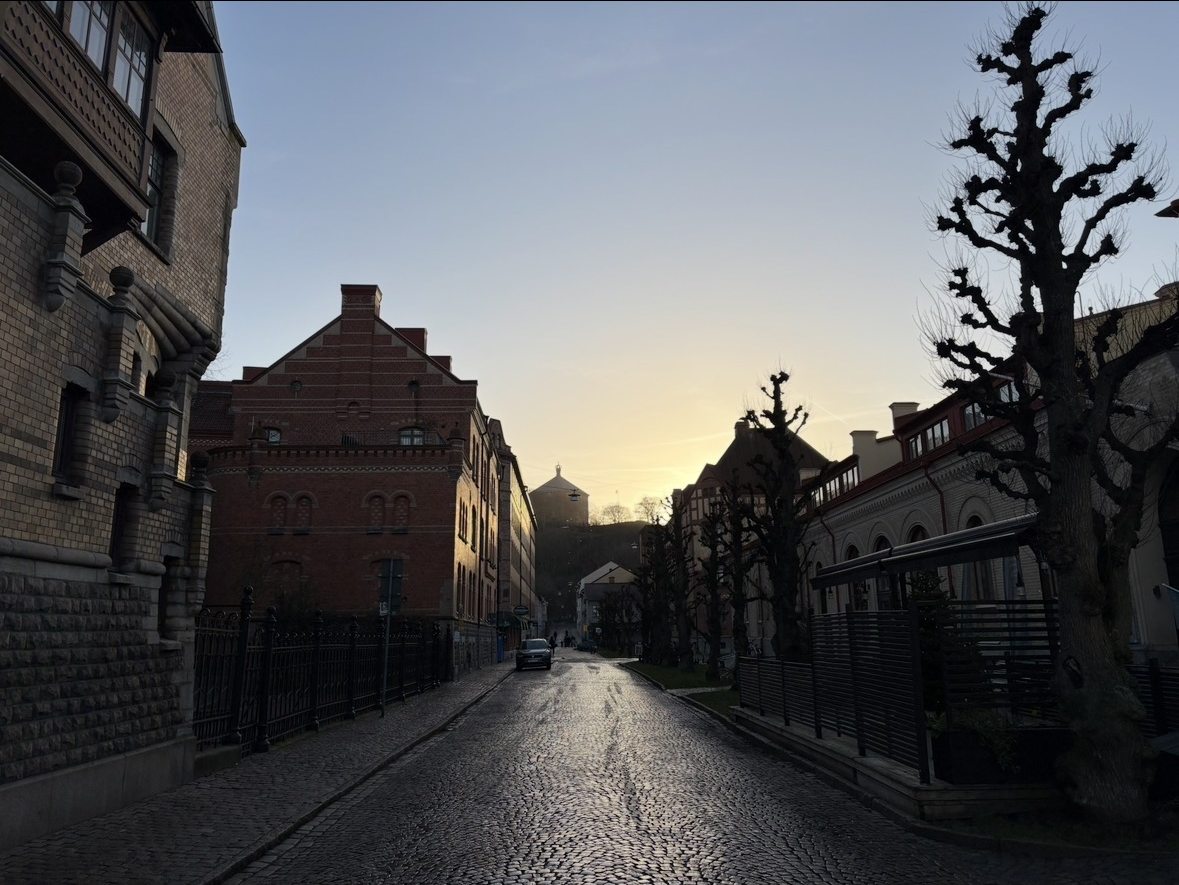 Kopfsteinpflastergasse im Stadtteil Haga in Göteborg, Schweden, bei Sonnenuntergang