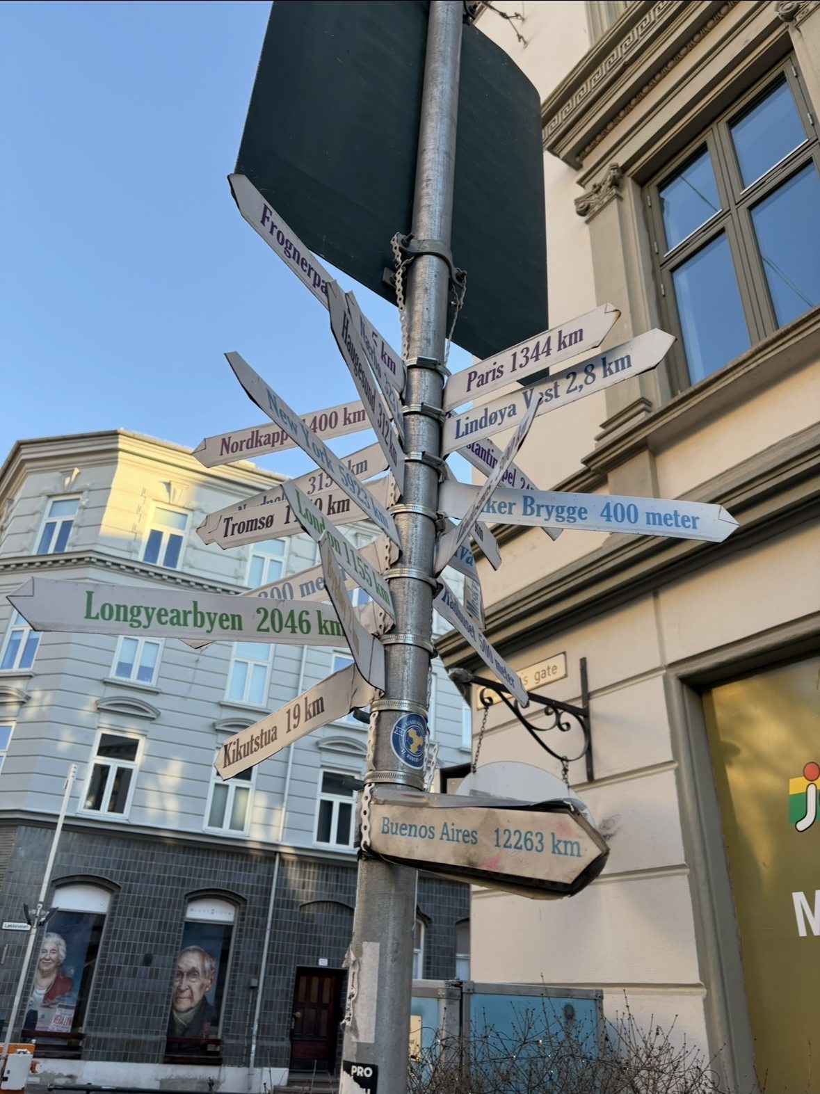 Wegweiser in Oslo mit Entfernungsangaben zu Zielen auf der ganzen Welt